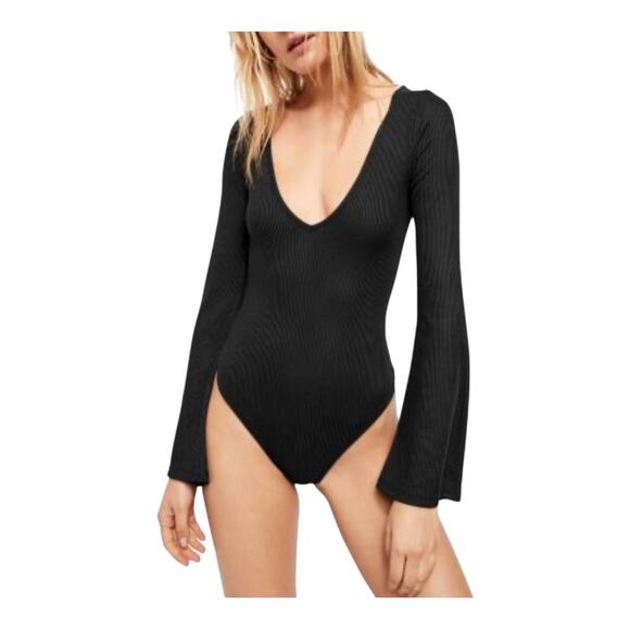 Intimately Free People Charli Bell-Sleeve Bodysuit Black Size Large Long Sleeve - Picture 1 of 8